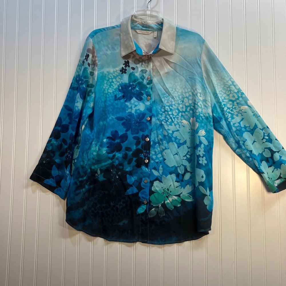 Soft Surroundings‎ Jolene Womens Blue Floral Ombre 100% Silk Blouse Large Spring